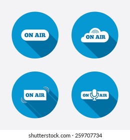 On air icons. Live stream signs. Microphone symbol. Circle concept web buttons. Vector