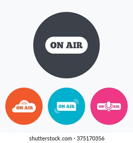 On air icons. Live stream signs. Microphone symbol. Circle flat buttons with icon.