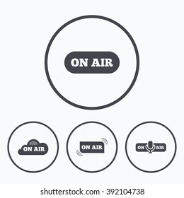 On air icons. Live stream signs. Microphone symbol. Icons in circles.