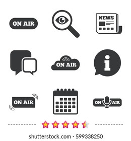 On air icons. Live stream signs. Microphone symbol. Newspaper, information and calendar icons. Investigate magnifier, chat symbol. Vector