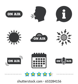 On air icons. Live stream signs. Microphone symbol. Information, go to web and calendar icons. Sun and loud speak symbol. Vector