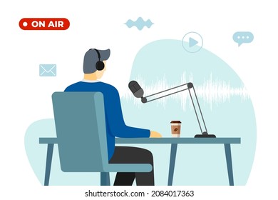 On air live podcast or broadcast concept. Radio news vector eps illustration. Man DJ in headset with microphone at studio. Male journalist working