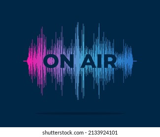 On air live streaming broadcast advertising banner concept. Radio podcasting and broadcasting studio poster design. Podcast inscription on equalizer sound wave. Vector eps illustration