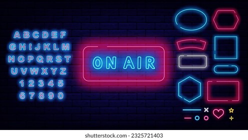 On air neon label. Shiny blue alphabet. Geometric frames set. Record studio emblem. Streaming service. Light sign. Glowing typography. Editable stroke. Vector stock illustration