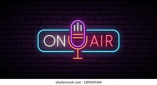 On air neon sign. Retro microphone in frame with inscription On Air. Music or radio emblem. Glowing signboard for radio station. Vector illustration.