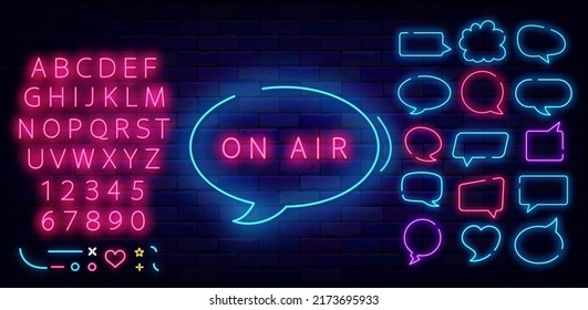 On air neon sign in speech bubble. Audio podcast concept. Label for radio, talk show and website. Clouds frame collection. Shiny pink alphabet. Editable stroke. Vector stock illustration