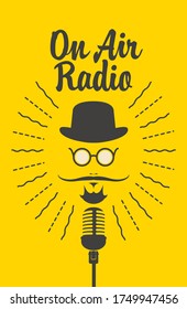 On air Radio broadcasting concept, flat design. Vector emblem for FM radio station with a microphone and hipster face. Suitable for banner, ad, poster, flyer, emblem, logo