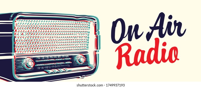 On air Radio broadcasting FM concept. Vector banner for radio station with a microphone, inscription and place for text in retro style. Suitable for poster, advertising, flyer