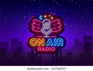 On Air Radio Neon Logo Vector. Radio neon sign, design template, modern trend design, night neon signboard, night bright advertising, light banner, light art. Vector illustration. Billboard