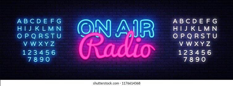 On Air Radio neon sign vector. On Air Radio Design template neon sign, light banner, neon signboard, nightly bright advertising, light inscription. Vector illustration. Editing text neon sign