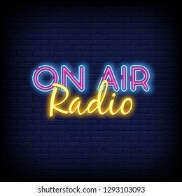 On Air Radio neon sign vector with Brick Wall Background. On Air Radio Design template neon sign  light banner  neon signboard  nightly bright advertising  light inscription. Vector illustration