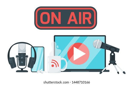 On air sign color vector illustration. Record studio devices, headphones, microphone, headset, laptop. Podcast, media and entertainment. News, radio and television broadcasting isolated design element