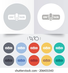 On air sign icon. Live stream symbol. Microphone symbol. Round 12 circle buttons. Shadow. Hand cursor pointer. Vector