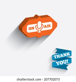 On air sign icon. Live stream symbol. Microphone symbol. White icon on orange 3D piece of wall. Carved in stone with long flat shadow. Vector