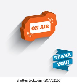 On air sign icon. Live stream symbol. White icon on orange 3D piece of wall. Carved in stone with long flat shadow. Vector