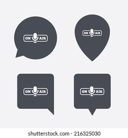 On air sign icon. Live stream symbol. Microphone symbol. Map pointers information buttons. Speech bubbles with icons. Vector