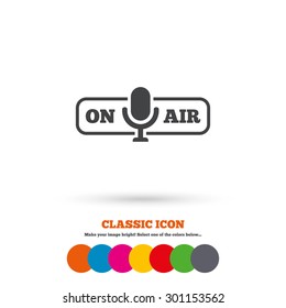 On air sign icon. Live stream symbol. Microphone symbol. Classic flat icon. Colored circles. Vector