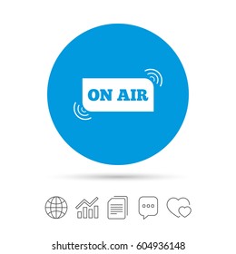 On air sign icon. Live stream symbol. Copy files, chat speech bubble and chart web icons. Vector