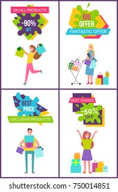 On all products -90%, big and fantastic offer, best price and exclusive, set of placards with images of shopping people on vector illustration