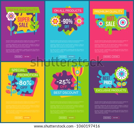 On all products 90% off total absolute final sale labels set of web banners with flower blossoms, summer or spring sale emblems vector online posters