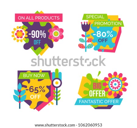 On all products 90% off total absolute final sale labels set with flower blossoms, summer or spring sale emblems vector illustration isolated on white