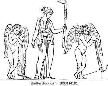 On ancient monuments, the torch appears to be formed of wooden staves or twigs, either bound by a rope drawn round them in a spiral form, or surrounded by circular bands at equal distances, vintage