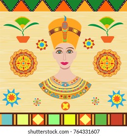 On an ancient parchment, cloth or papyrus depicts the pharaoh Nefertiti or Cleopatra with a crown, ornaments, ancient patterns and traditional ornaments of the Egyptians
