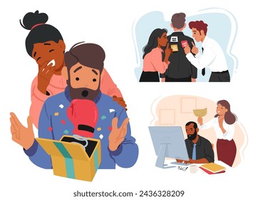 On April Fools Day Friend Characters Execute Harmless Pranks, Like Boxing Glove in Gift Box, Sticky Notes on Back, Burst Paper Bag, Sparking Surprise And Laughter. Cartoon People Vector Illustration