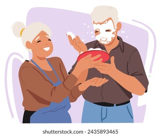 On April Fools Day, Senior Woman Character Hilariously Surprises Her Husband By Playfully Throwing A Cake with Cream In His Face, Sparking Laughter. Cartoon People Vector Illustration