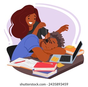 On April Fools Day, A Woman Character Cleverly Places A Realistic Fake Spider On Her Sleeping Friend Face, Eagerly Anticipating his Startled Awakening. Cartoon People Vector Illustration