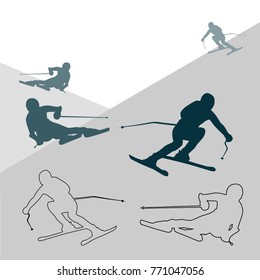 on a background of abstract mountains . a person goes fast on downhill skiing. dark silhouette.