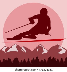 on a background of abstract mountains and sun. a person goes fast on downhill skiing. dark silhouette.
