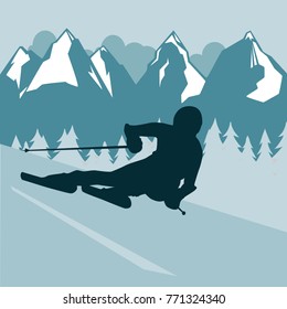 on a background of abstract mountains and sun. a person goes fast on downhill skiing. dark silhouette.
