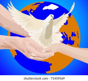 On the background of the Earth hand man and a woman holding a white dove