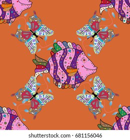 On background with flowers. Abstract textile seamless pattern with rever fishes Vector illustration.