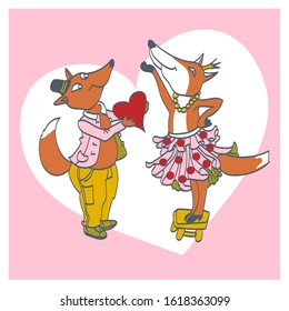 On the background of a heart, a chanterelle gives another fox a heart for Valentine's Day