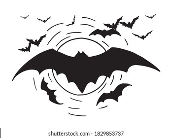 On the background of the moon there is an image of a large bat. Smaller mice fly around. Vector illustration.