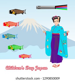 on the background of Mount Fuji stands a girl in a kimono. near flying fish as a symbol of children's holiday.
