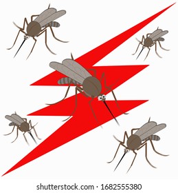 On the background is a red lightning which is killing mosquitoes. Vector graphics. Nature. Insect control.