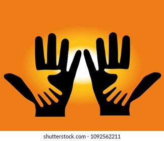 On background of the sundown, are made two hands. The Vector.