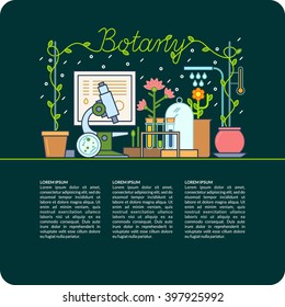 On the background of the teaching of botany. Botanical table and the devices for lessons, modern vector illustration.