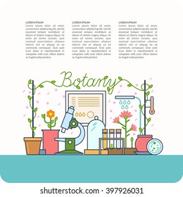 On the background of the teaching of botany. Botanical table and the devices for lessons, modern vector illustration.