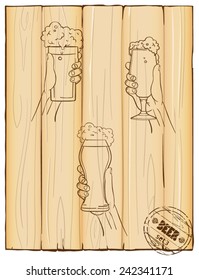 on the background of wooden elements of the set of three glasses of beer , holding hands