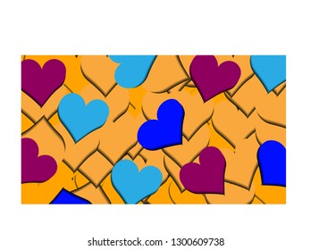 On a background of yellow hearts are hearts of different colors. Suitable for congratulations on the day of lovers, wedding day or declaration of love to their loved ones. Vector.