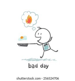 On A Bad Day A Man Was Burnt Food In A Pan Illustration
