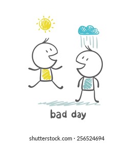 on a bad day on a person with rain clouds and sun over other people, illustration