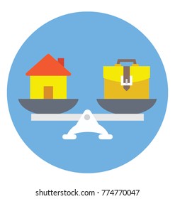 
On a balance scale, home at one end and briefcase on the other representing home financing concept