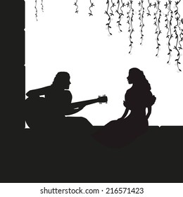 On the balcony, romantic date, two lowers, black and white