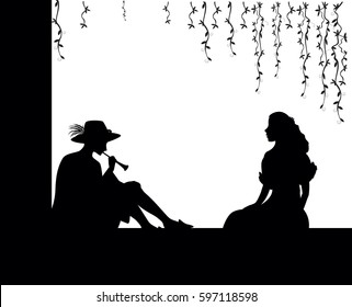 On the balcony, romantic date, two lowers, romantic melody, old fashioned date, black and white