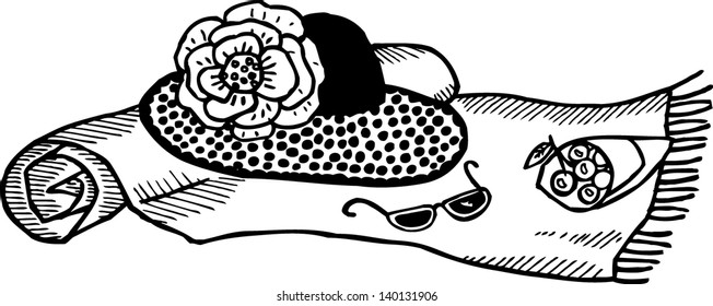On the beach 2. Black and white hand-drawn illustration.
